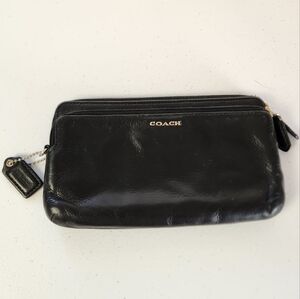 Coach Black Leather Double Zip Wallet Clutch Minimalist Designer Office